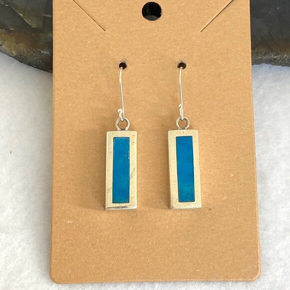 Sterling Silver 925 1.64" Rectangular Simulated Turquoise Dangle Earrings - Picture 1 of 16